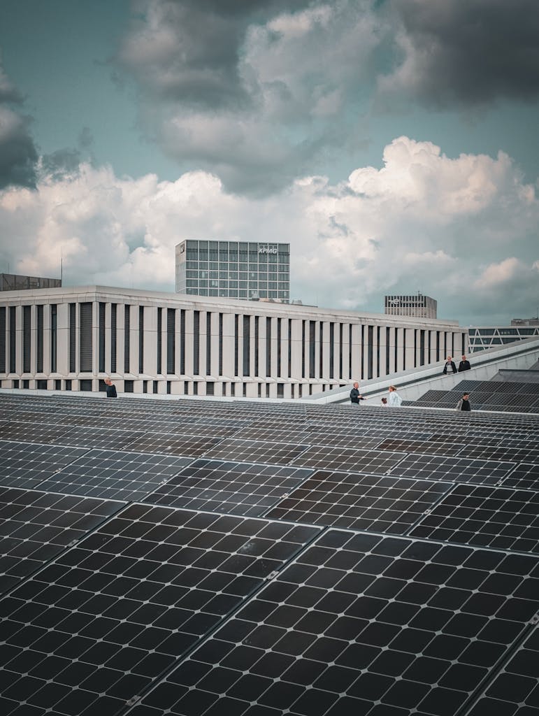 View of modern architecture and solar panels in Berlin, showcasing sustainable energy solutions.